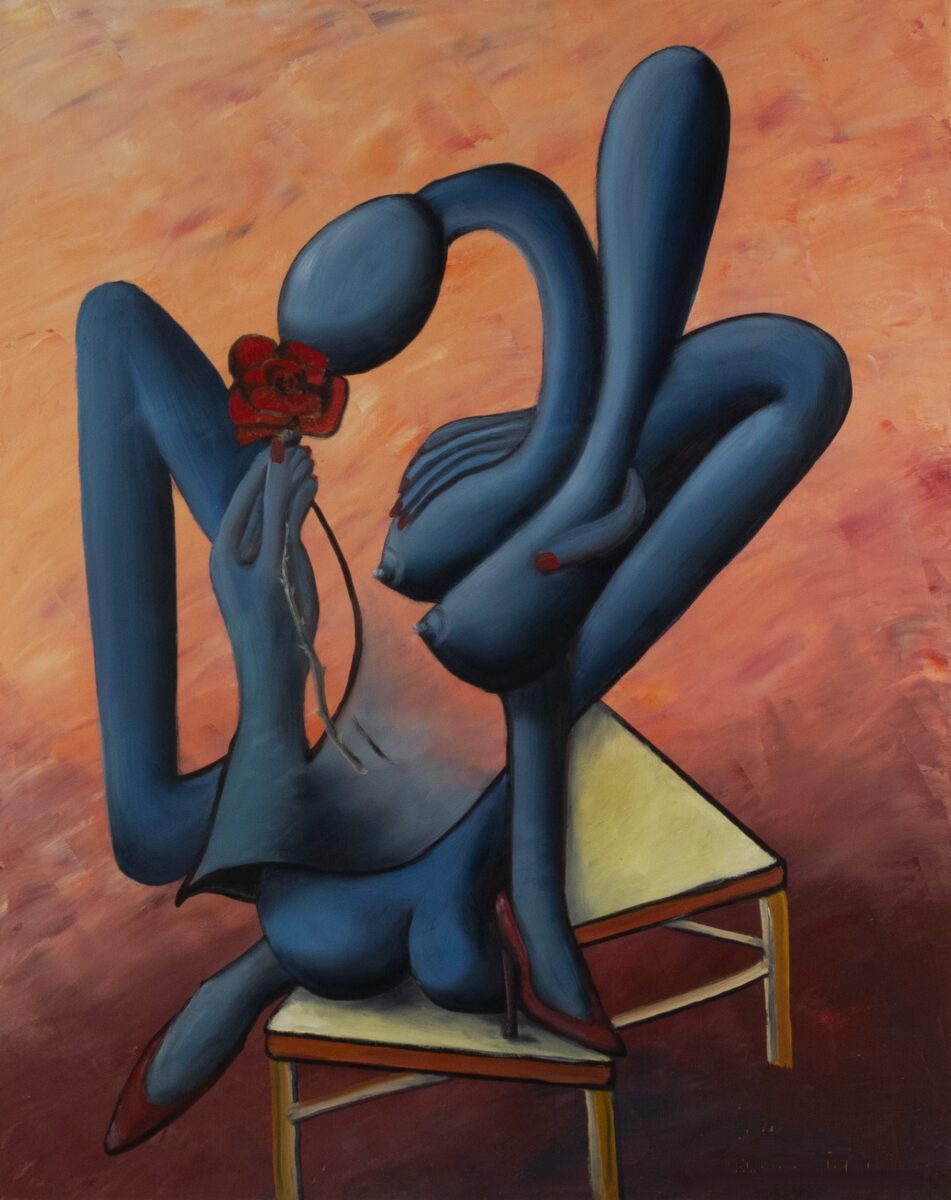 La femme en bleu a la rose rouge