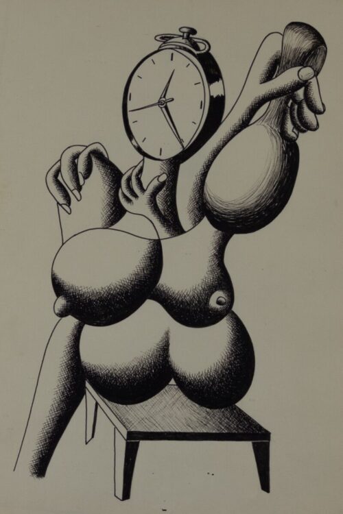 Pintura surrealista de Luis Navarro con cabezas ovoides