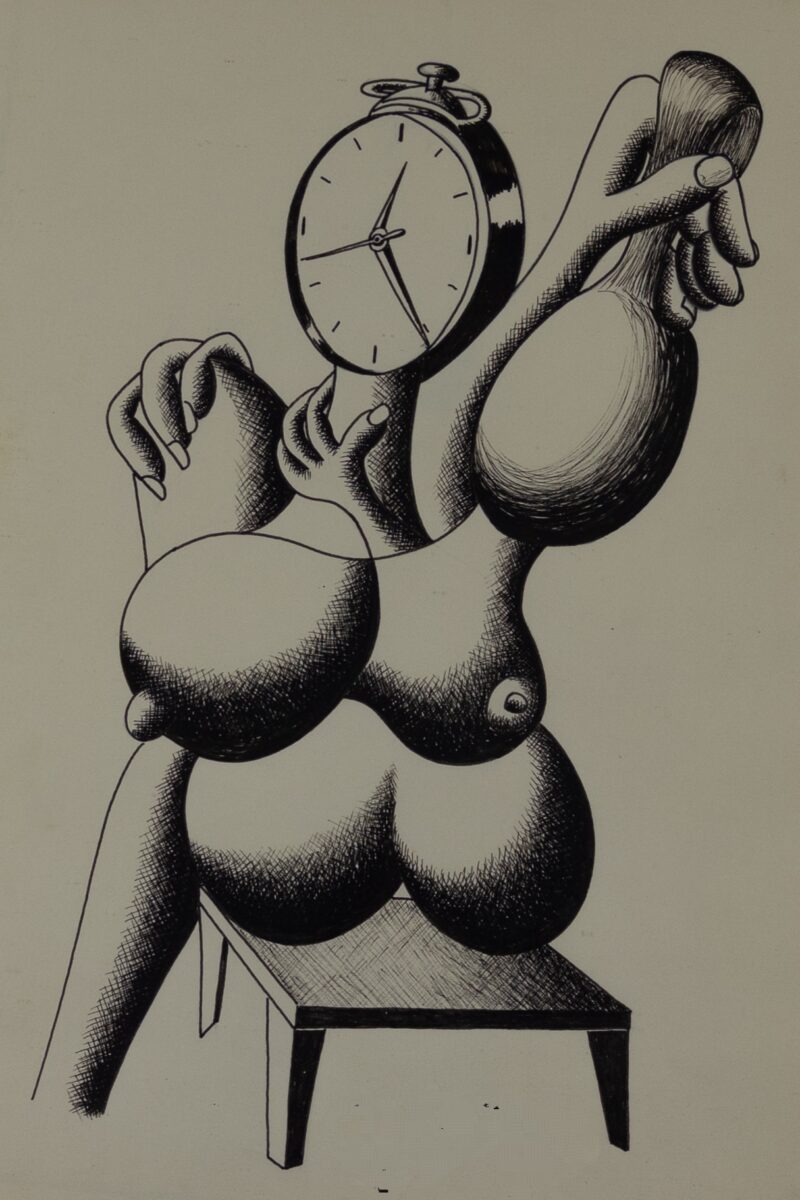 Pintura surrealista de Luis Navarro con cabezas ovoides